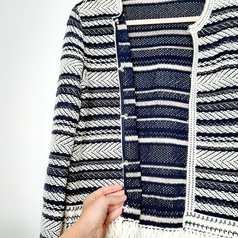 Tory Burch Navy & Cream Payton Fringe Cardigan Sweater M